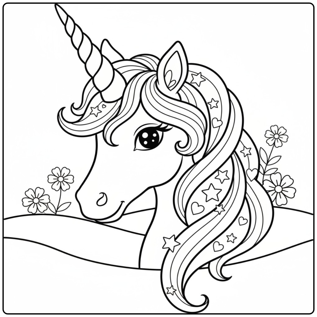 Een lieve unicorn hoorn kleurplaat met sterren in de manen.