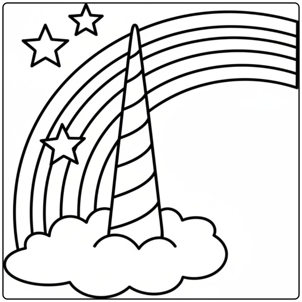 Simpele unicorn hoorn kleurplaat met een regenboog en sterren