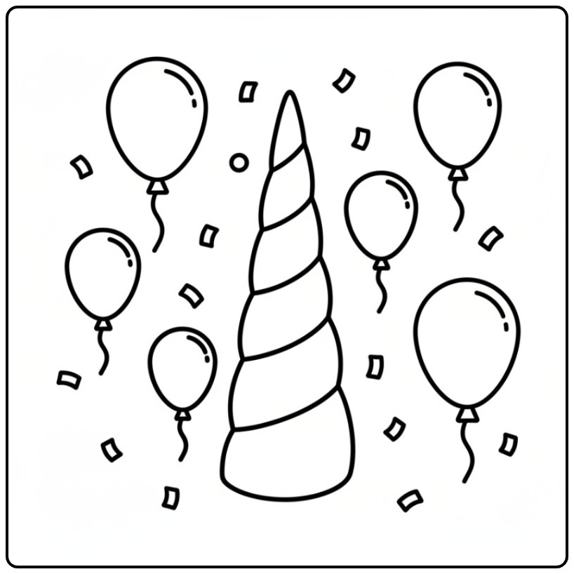 Feestelijke unicorn hoorn kleurplaat met ballonnen en confetti.