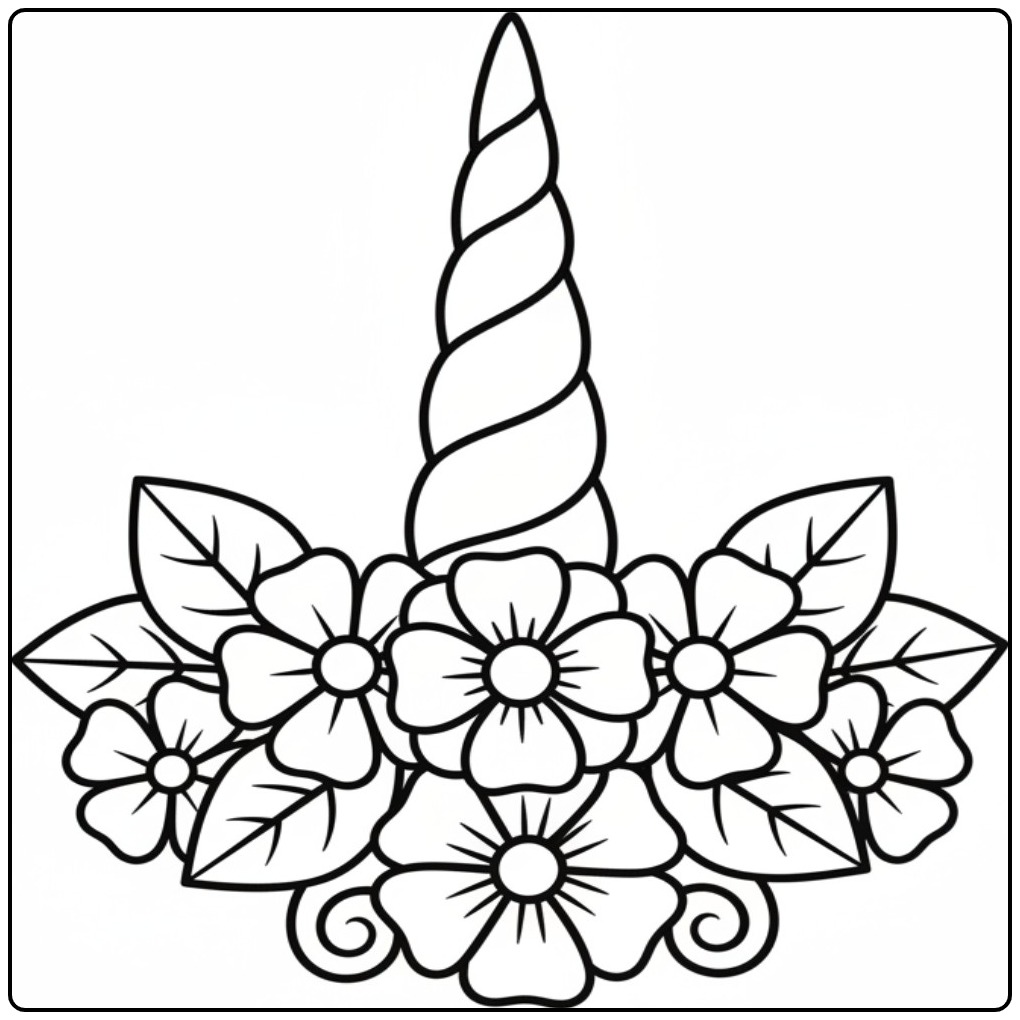 Een vrolijke unicorn hoorn kleurplaat met een kroon van bloemen.