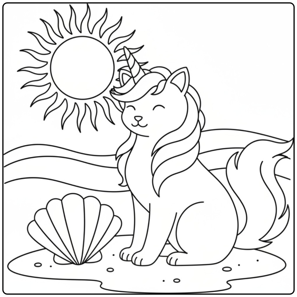 Vrolijke unicorn kat kleurplaat op een zonnig strand.