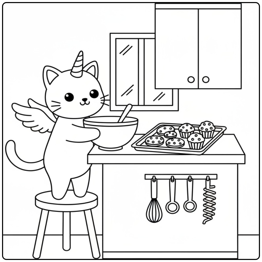 Een schattige unicorn kat kleurplaat van een kat die bakt.