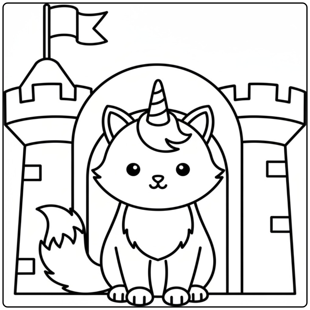 Een schattige unicorn kat kleurplaat voor een groot kasteel.
