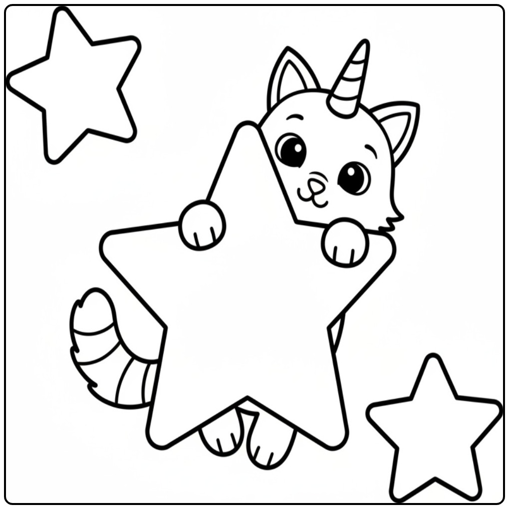 Schattige unicorn kat kleurplaat die een grote ster vasthoudt.