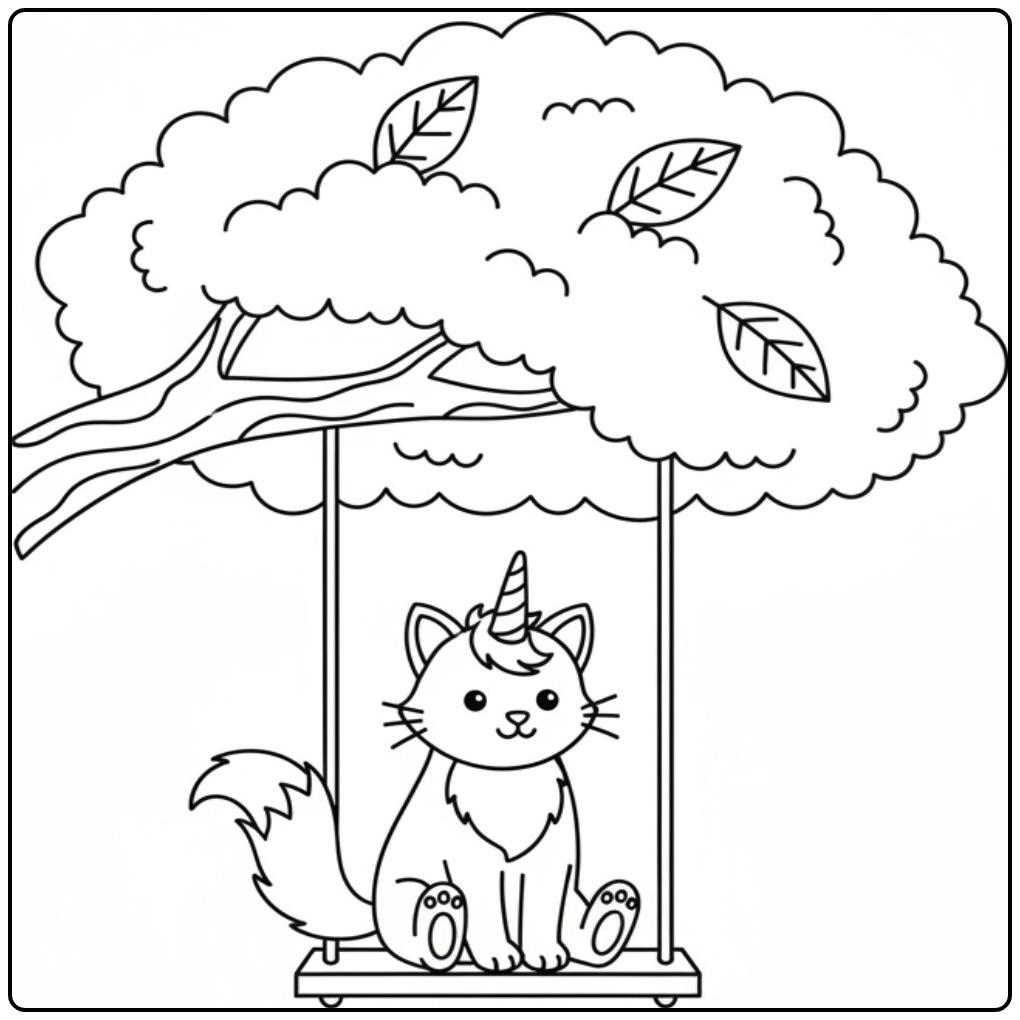 Leuke unicorn kat kleurplaat zittend op een schommel in een boom.