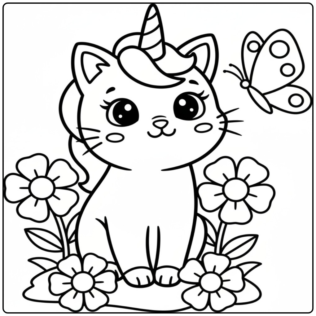 Een schattige unicorn kat kleurplaat met bloemen en vlinder.