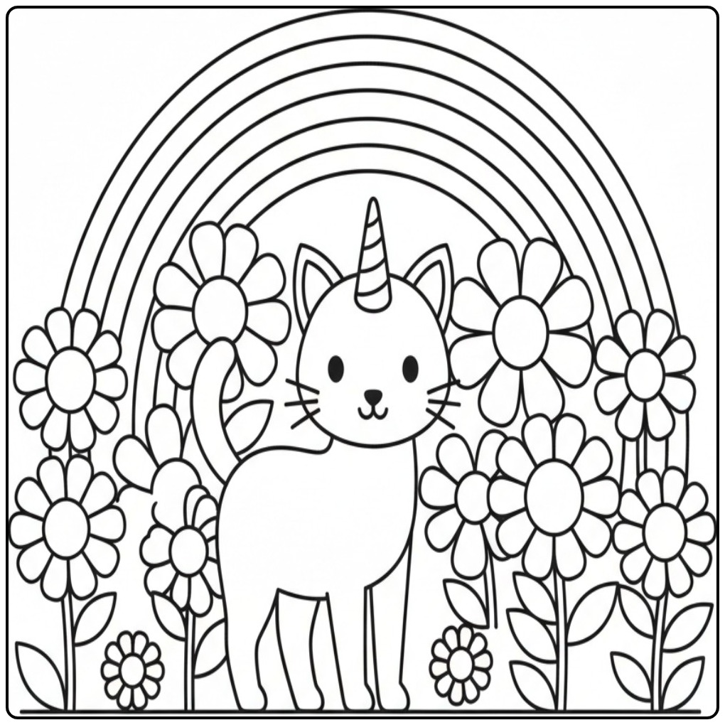 Een schattige unicorn kat kleurplaat met bloemen en een regenboog.
