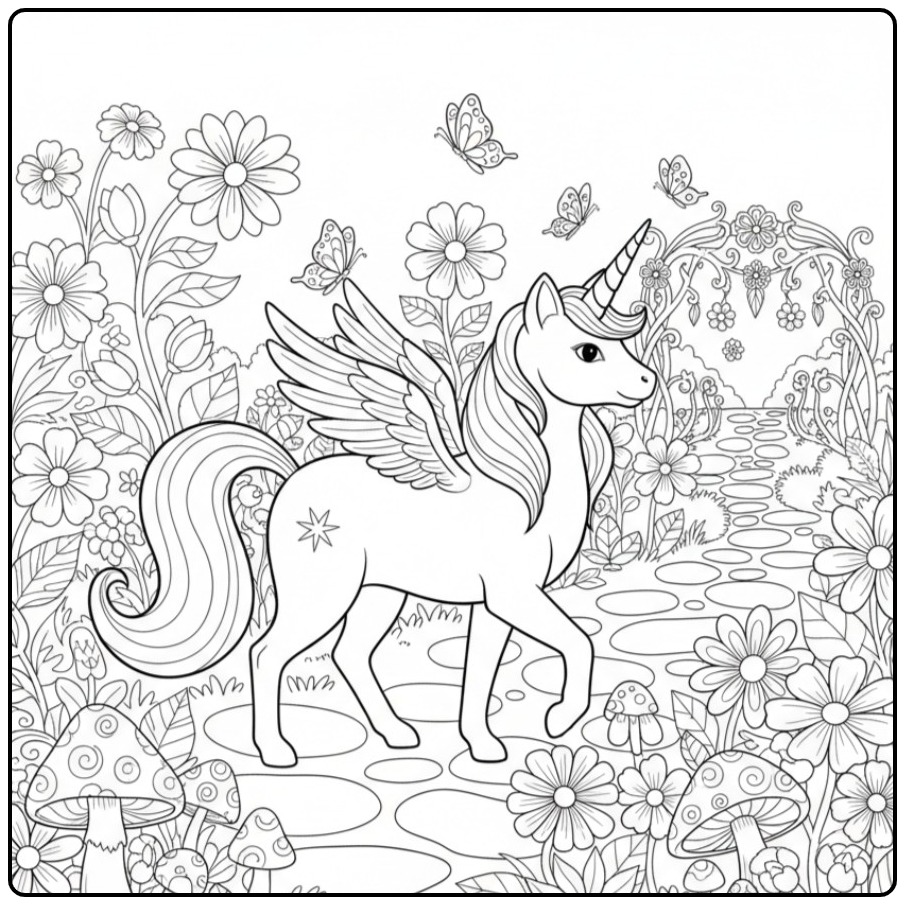 Een gevleugelde unicorn kat kleurplaat in een magische tuin.