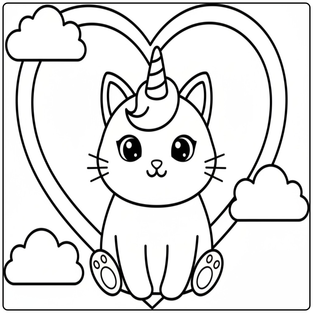Een schattige zittende unicorn kat kleurplaat met een hart.