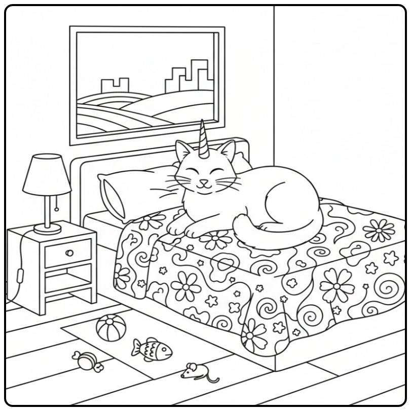 Een leuke unicorn kat kleurplaat in een gezellige slaapkamer.