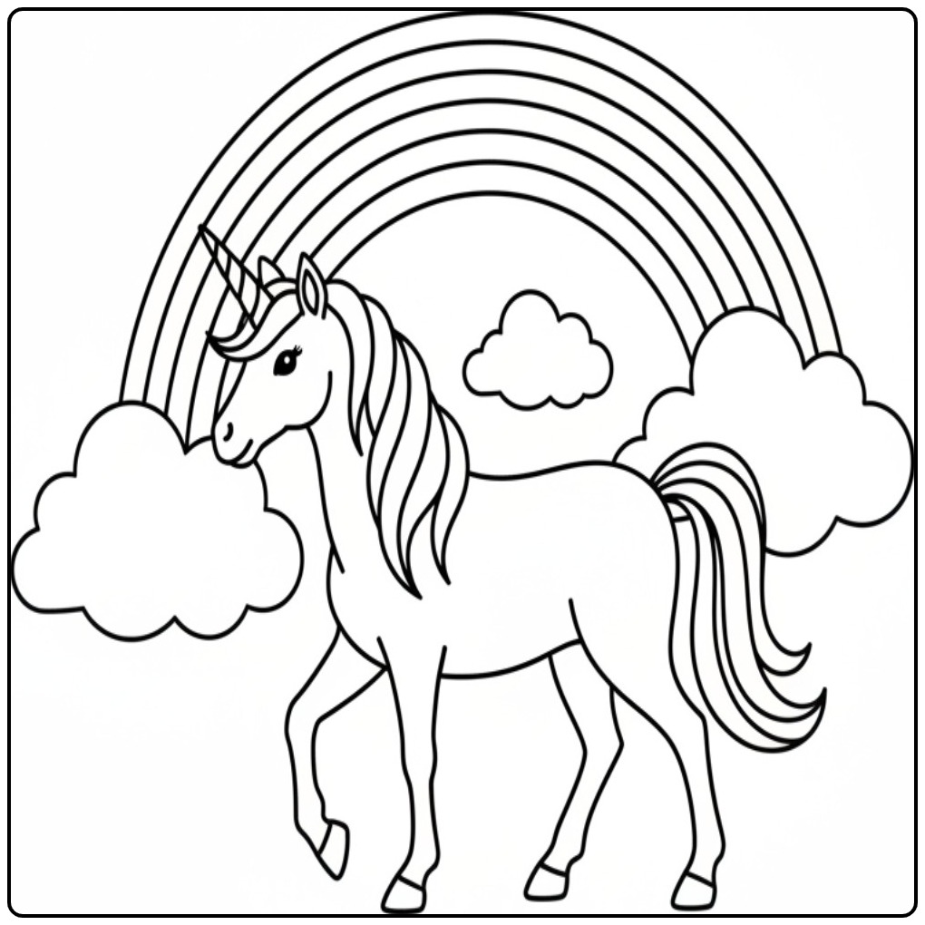 Een unicorn kleurplaat makkelijk met een vrolijke regenboog.