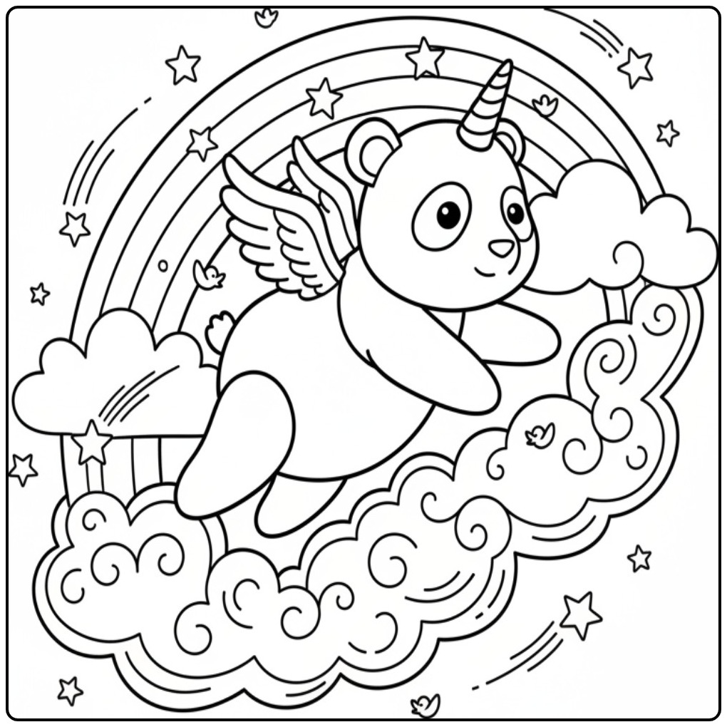 Een vliegende unicorn panda kleurplaat met een regenboog.