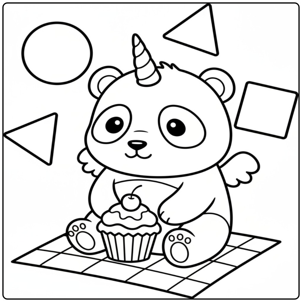 Een schattige unicorn panda kleurplaat met een lekkere cupcake.