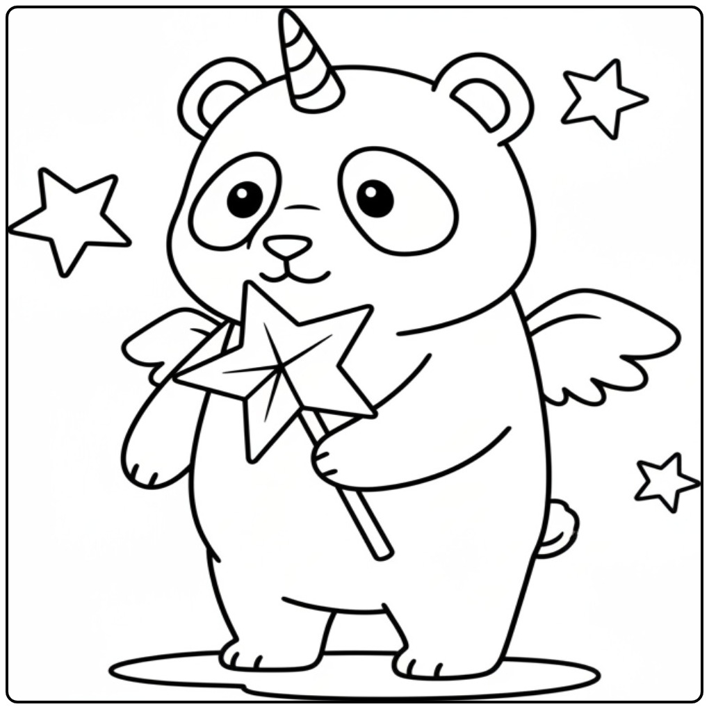 Een schattige unicorn panda kleurplaat met een toverstaf.