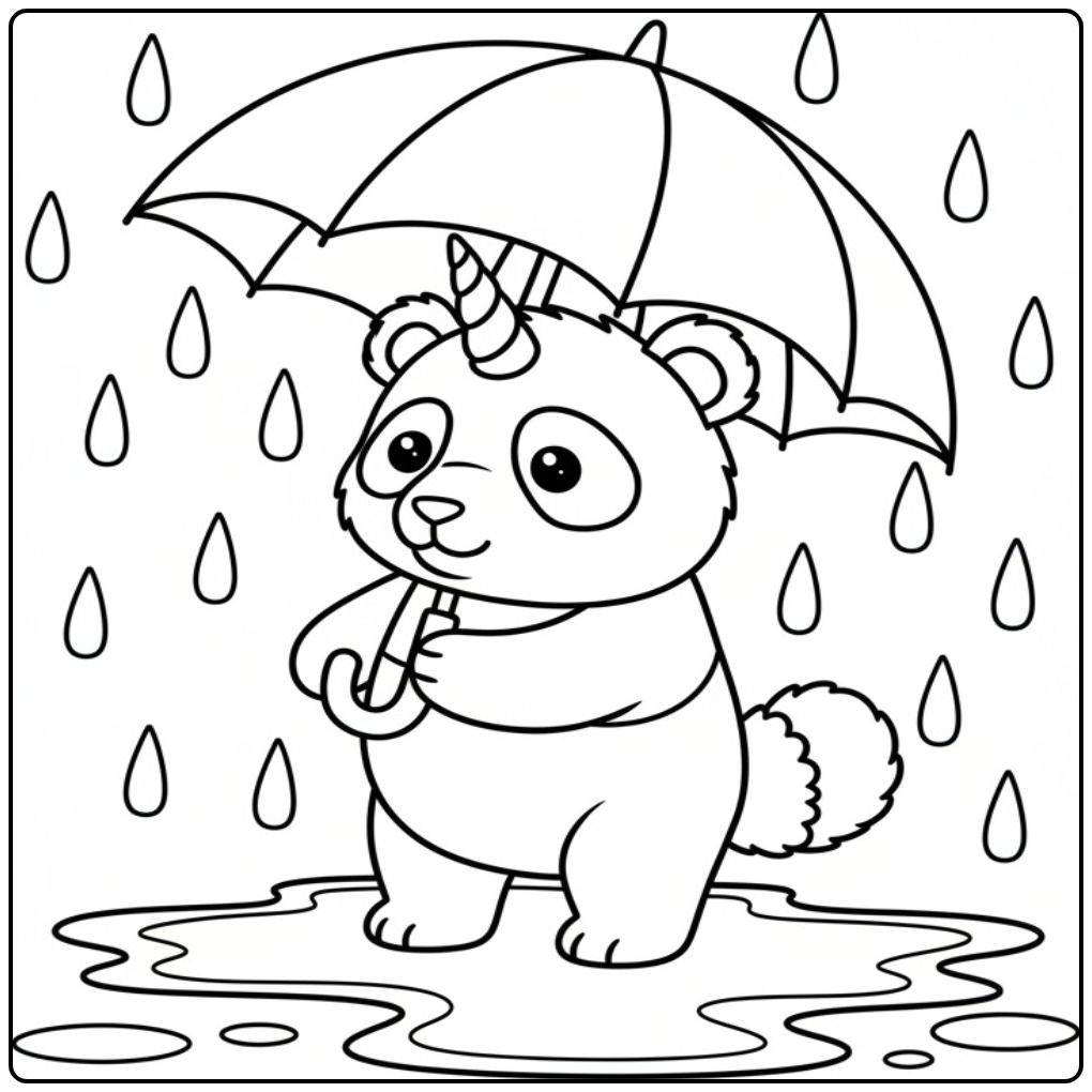 Een schattige unicorn panda kleurplaat met een paraplu in de regen.