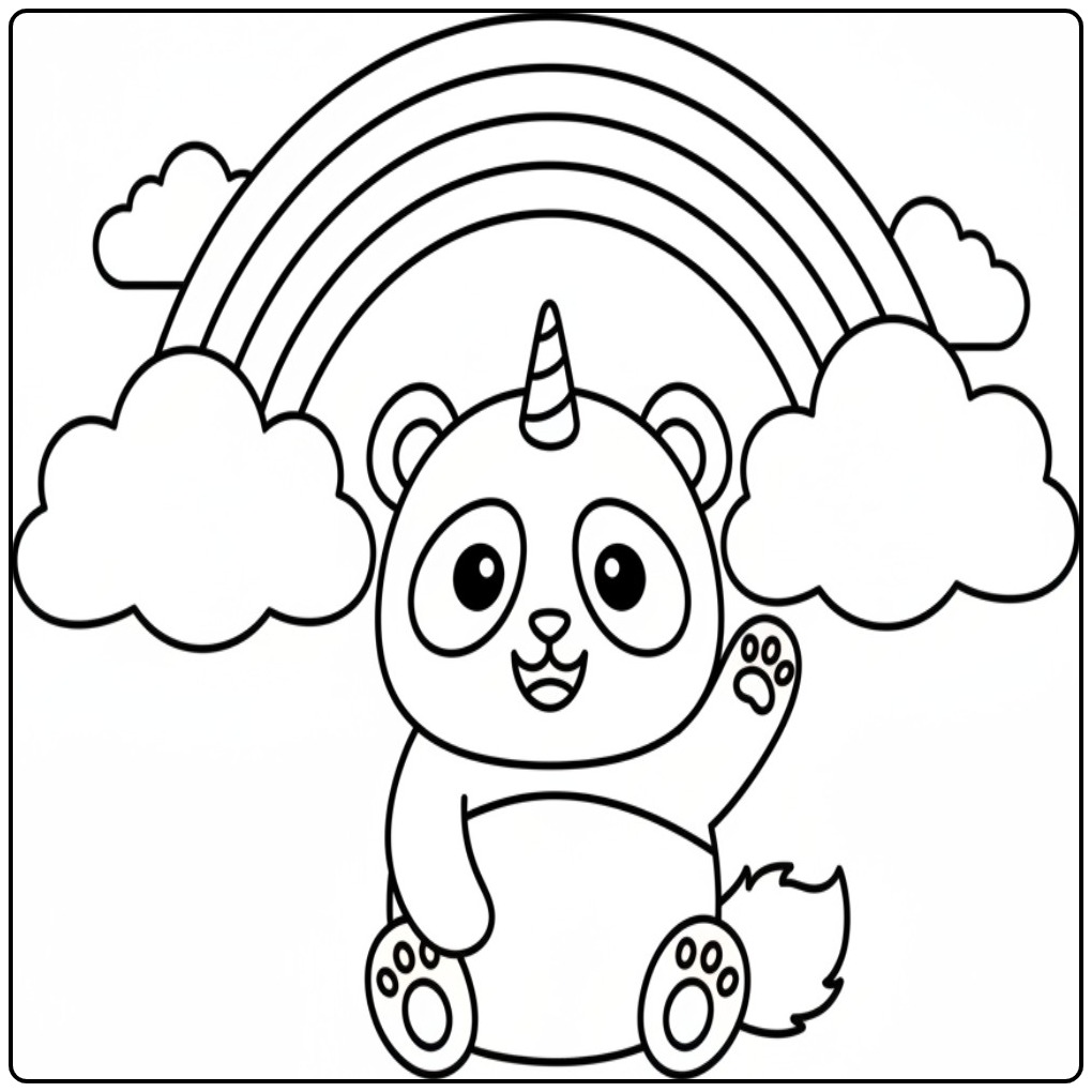 Een schattige zwaaiende unicorn panda kleurplaat met regenboog.
