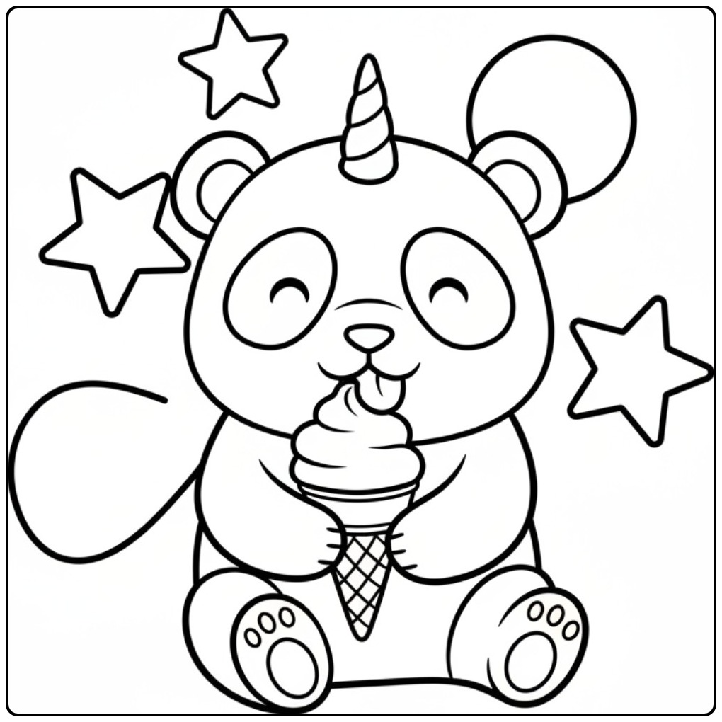 Een schattige unicorn panda kleurplaat met een lekker ijsje.