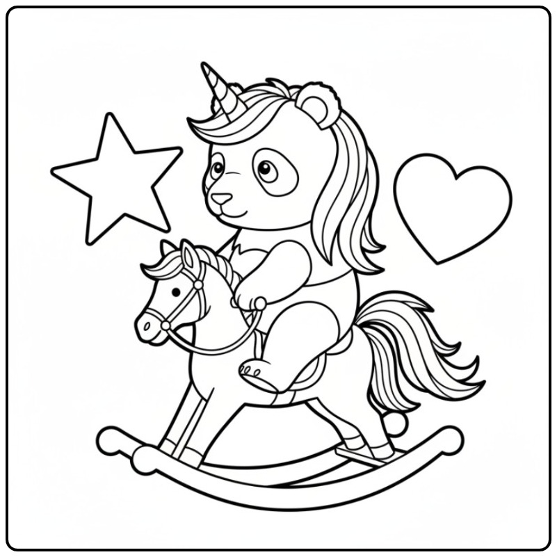 Een schattige unicorn panda kleurplaat op een hobbelpaard.