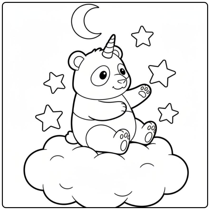 Een leuke unicorn panda kleurplaat met sterren en een maan.