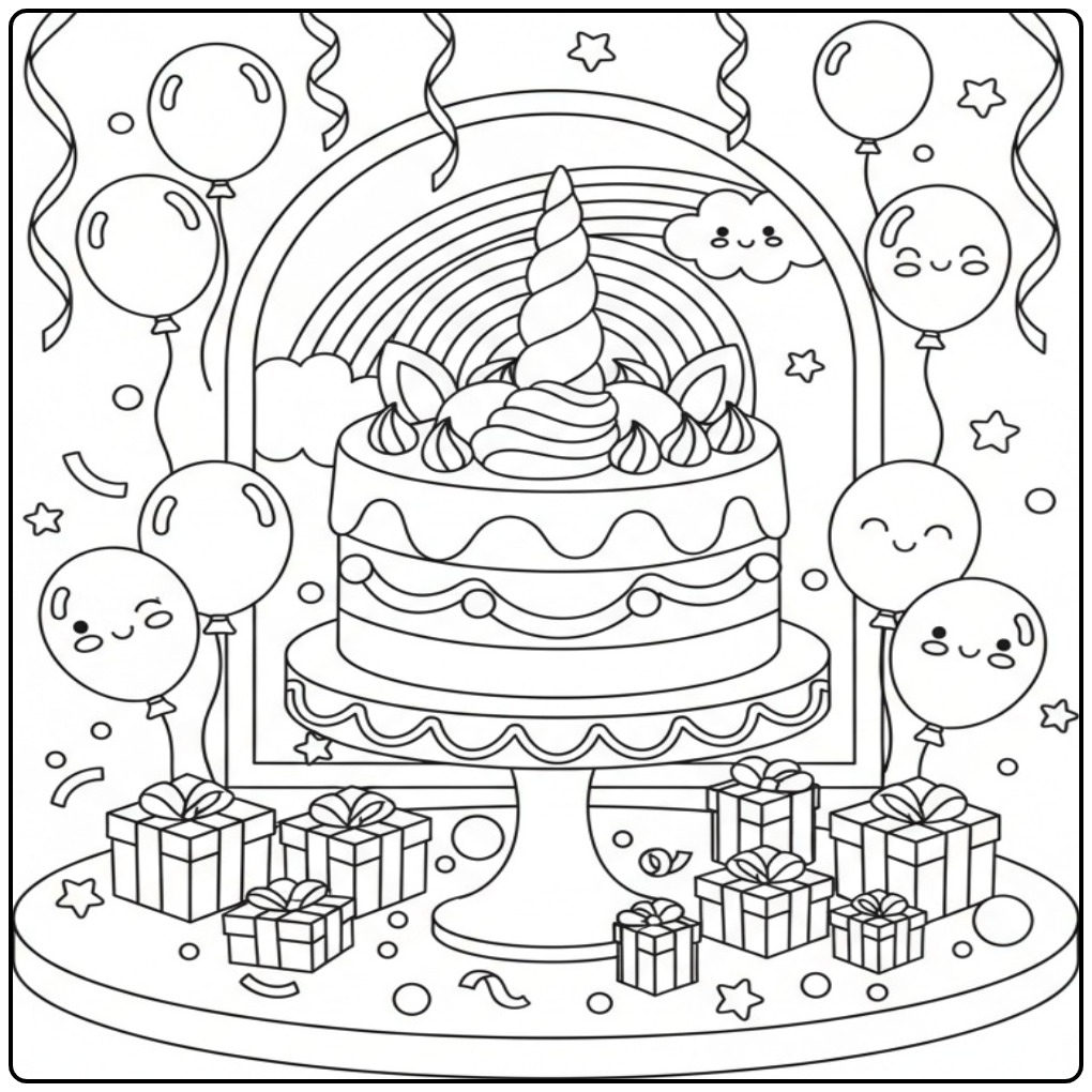 Feestelijke Unicorn taart en regenboog kleurplaat met ballonnen.