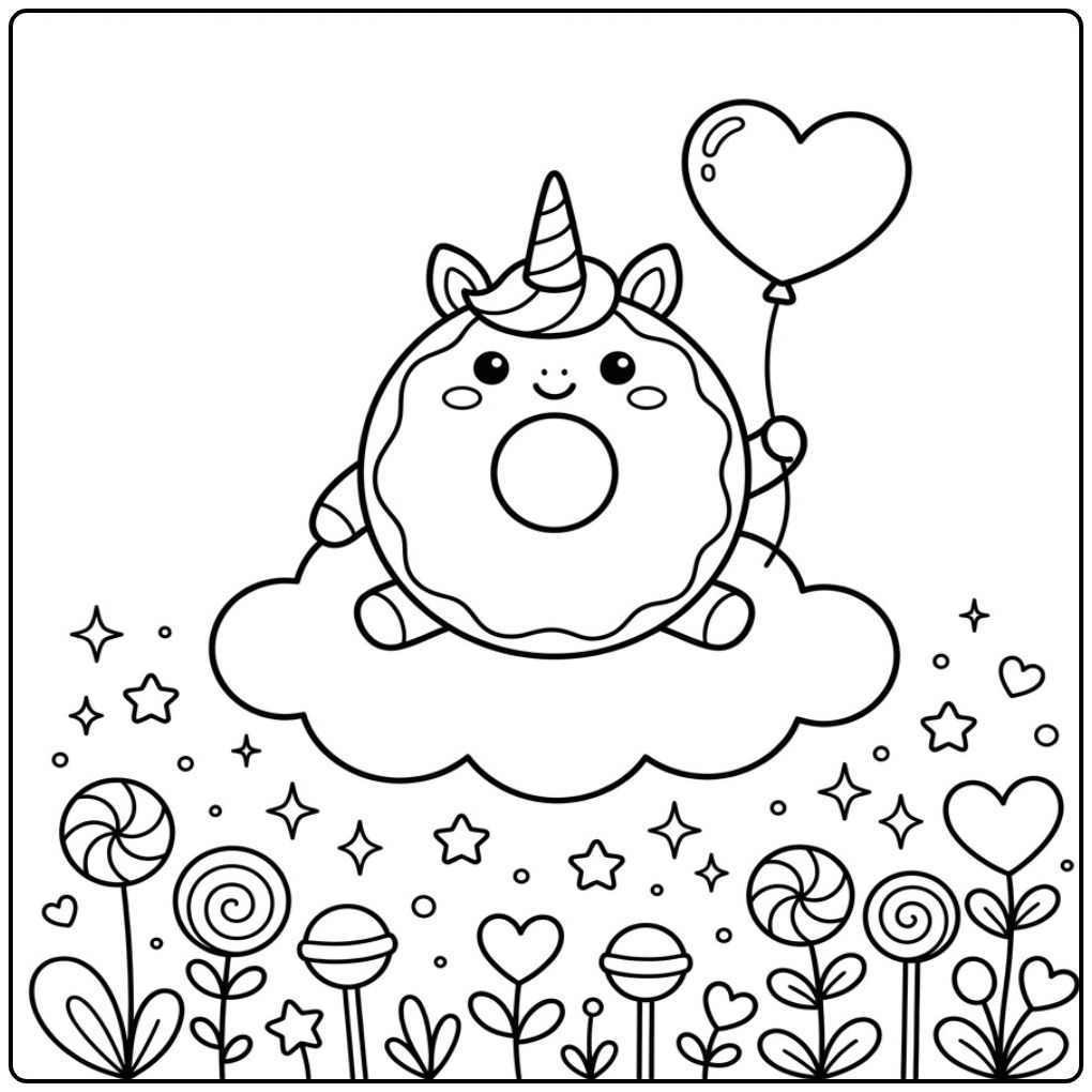Lieve Valentijn donut eenhoorn kleurplaat zittend op een wolk.