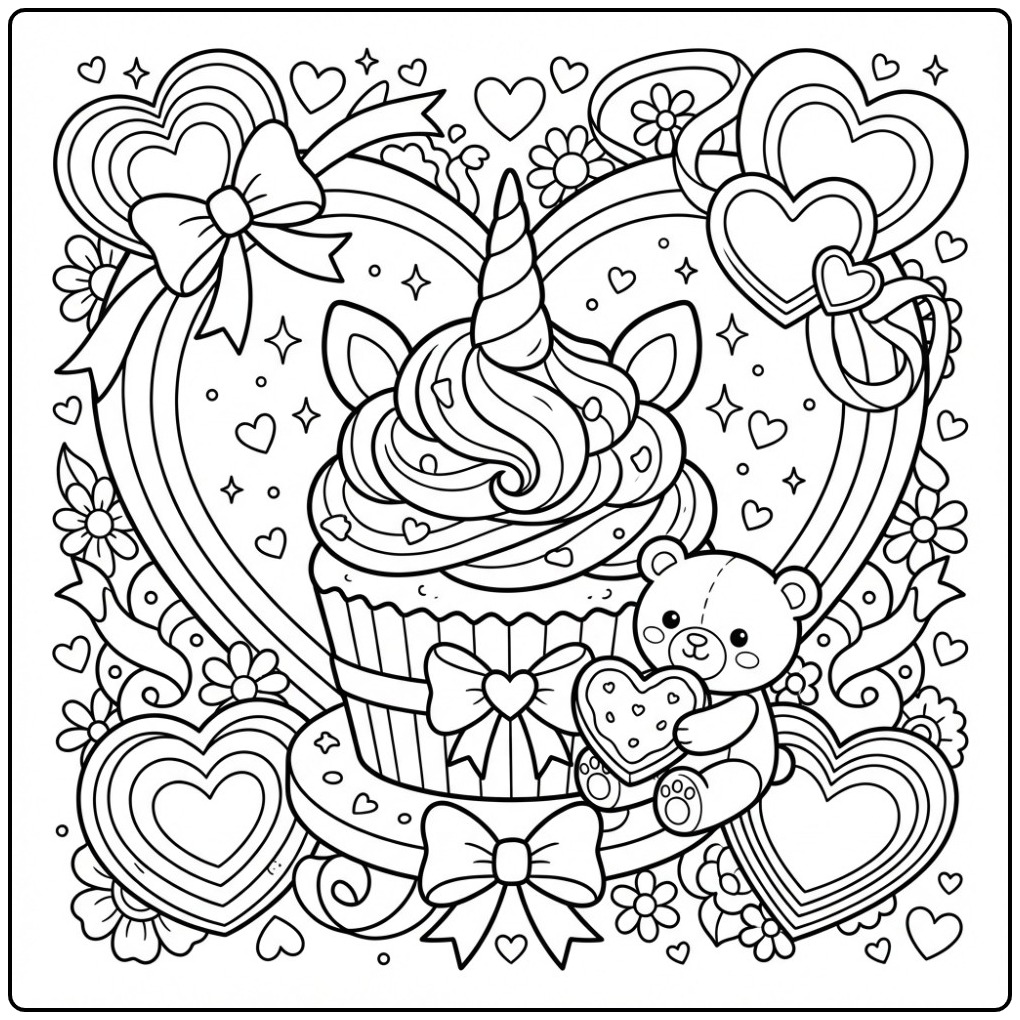 Schattige Valentijn eenhoorn cupcake kleurplaat met een beertje.