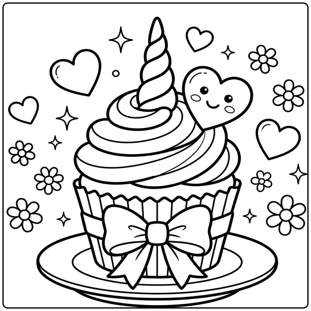 Een schattige Valentijn eenhoorn cupcake kleurplaat met hartjes.