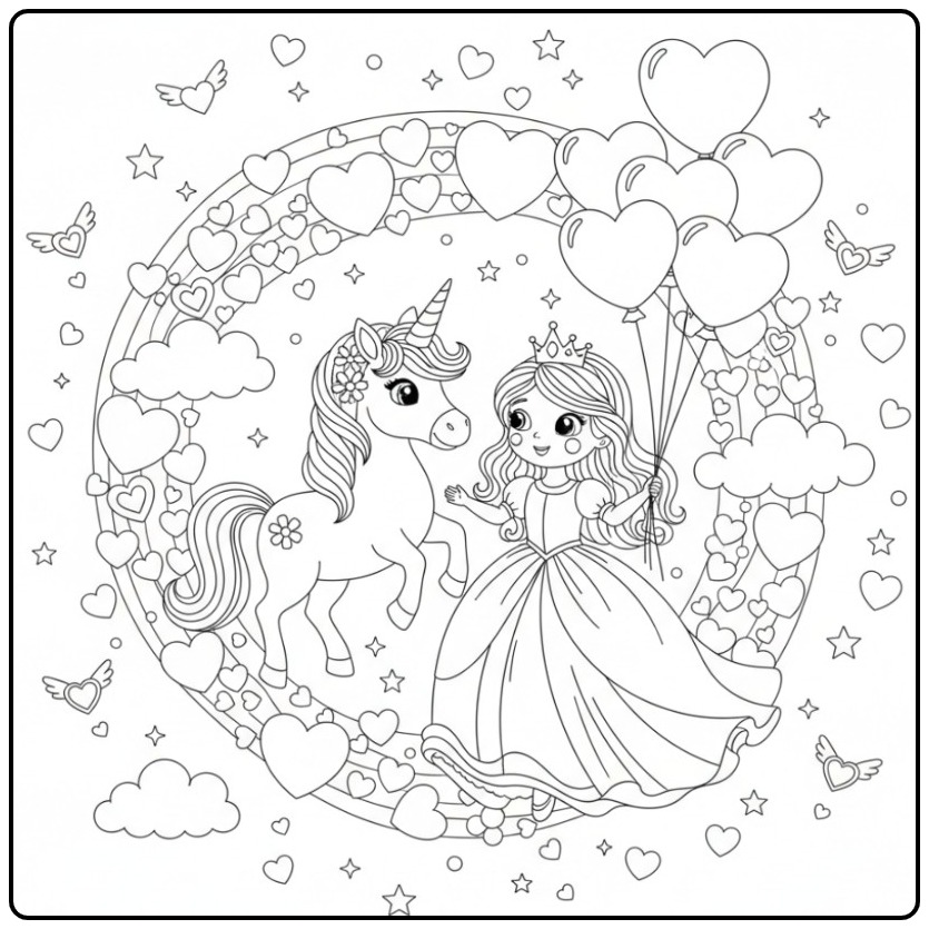 Mooie Valentijnshartjes prinses eenhoorn kleurplaat met ballonnen.