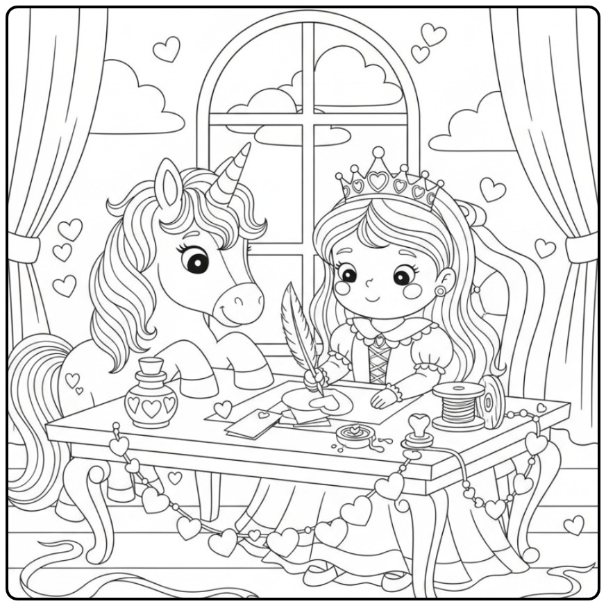 Prinses en eenhoorn vieren Valentijn: Valentijnshartjes prinses eenhoorn kleurplaat.