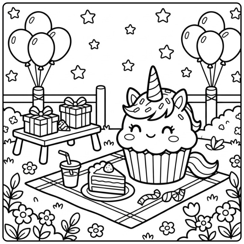 Kawaii Verjaardag eenhoorn cupcake kleurplaat voor een feestje