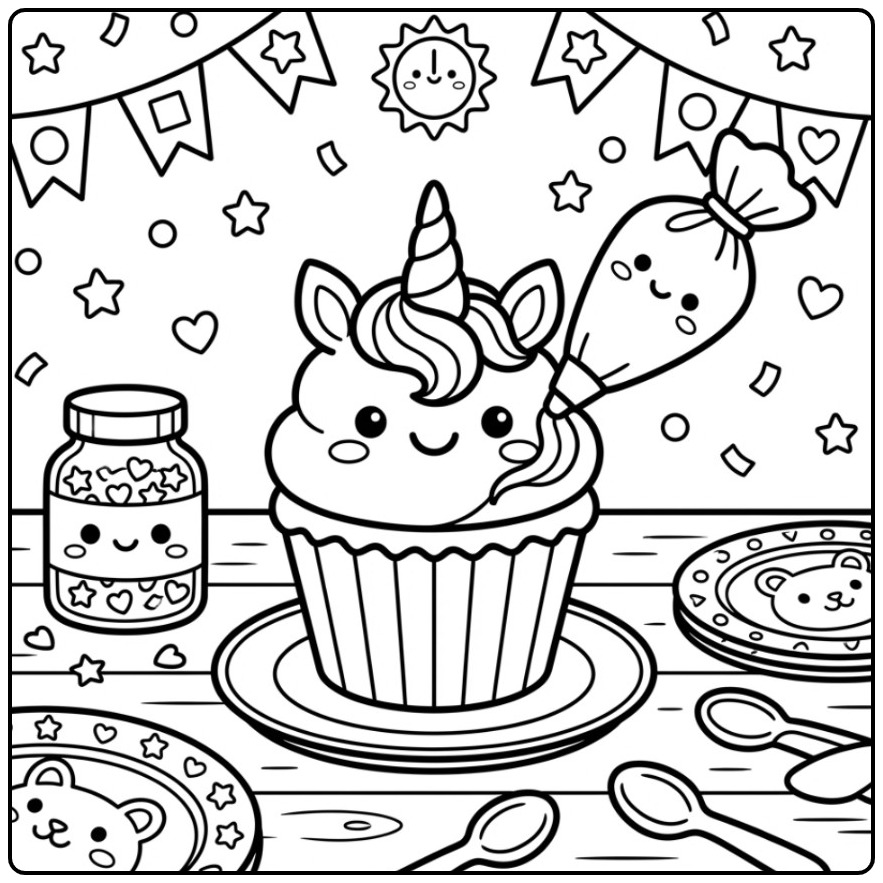 Een vrolijke Verjaardag eenhoorn cupcake kleurplaat versieren.