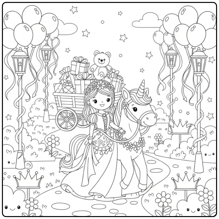 Een schattige Verjaardag prinses eenhoorn kleurplaat met cadeaus.