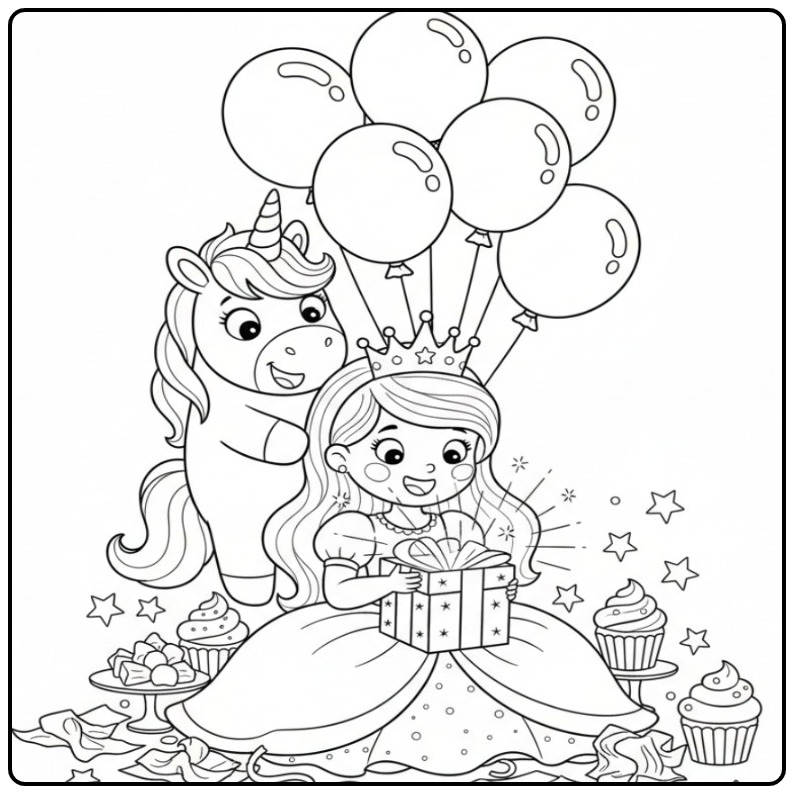 Leuke Verjaardag prinses eenhoorn kleurplaat met een cadeau.