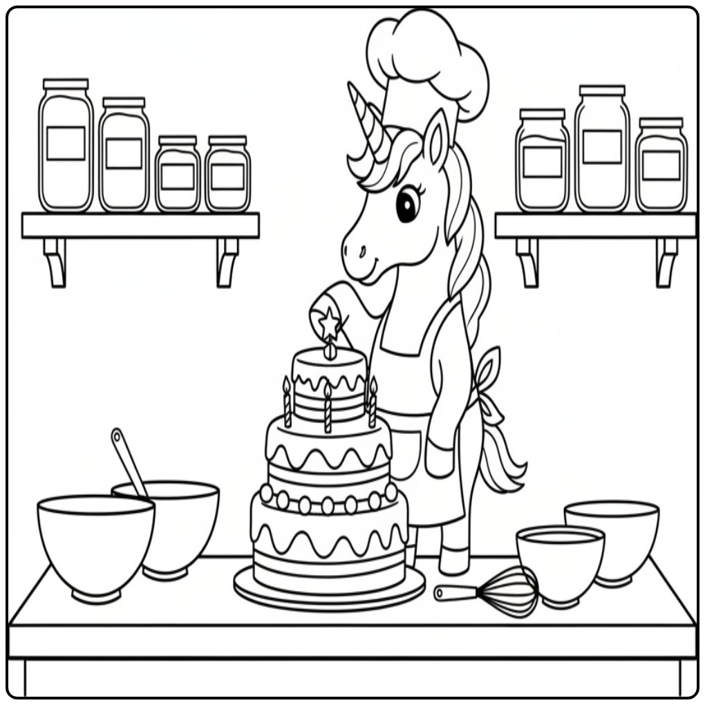 Verjaardag taart kleurplaat eenhoorn, chef-kok decoreert feestelijke taart.