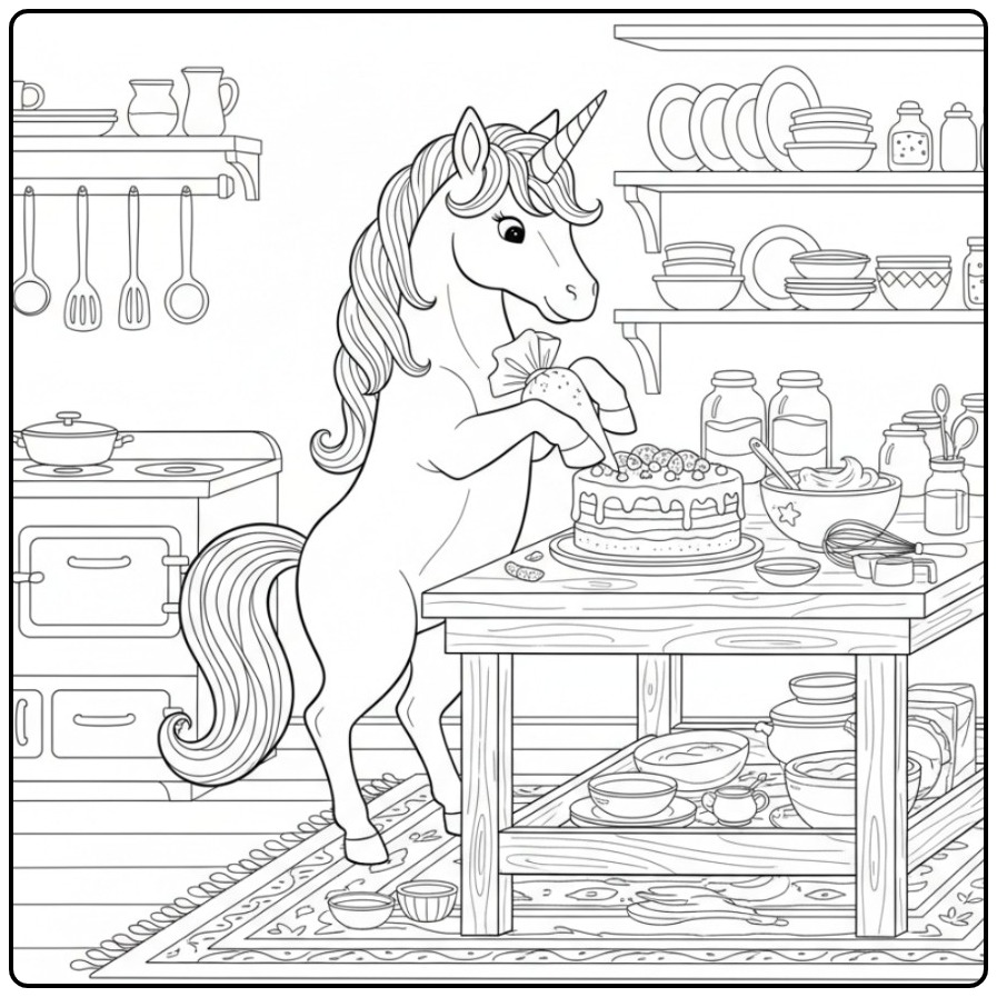 Verjaardag taart kleurplaat eenhoorn bakt feestelijk in de keuken.