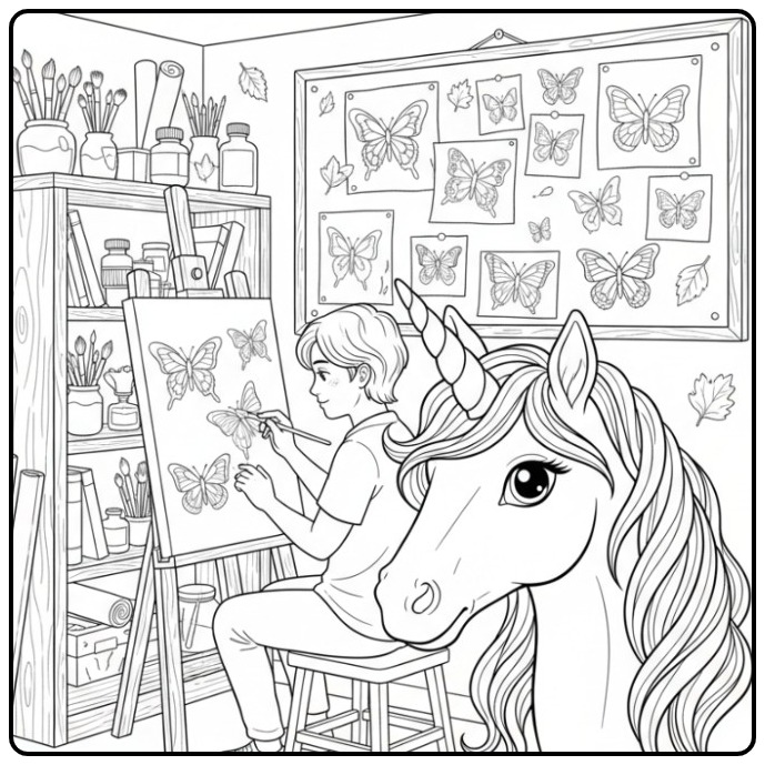 Maak een prachtige vlinders kleurplaat unicorn van een artiest