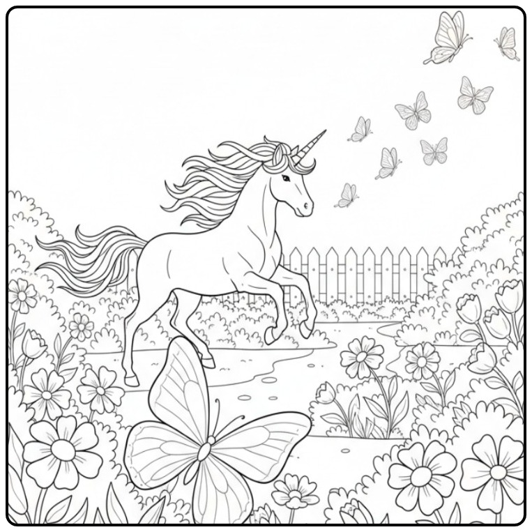 Betoverende vlinders kleurplaat unicorn in bloeiende tuin.