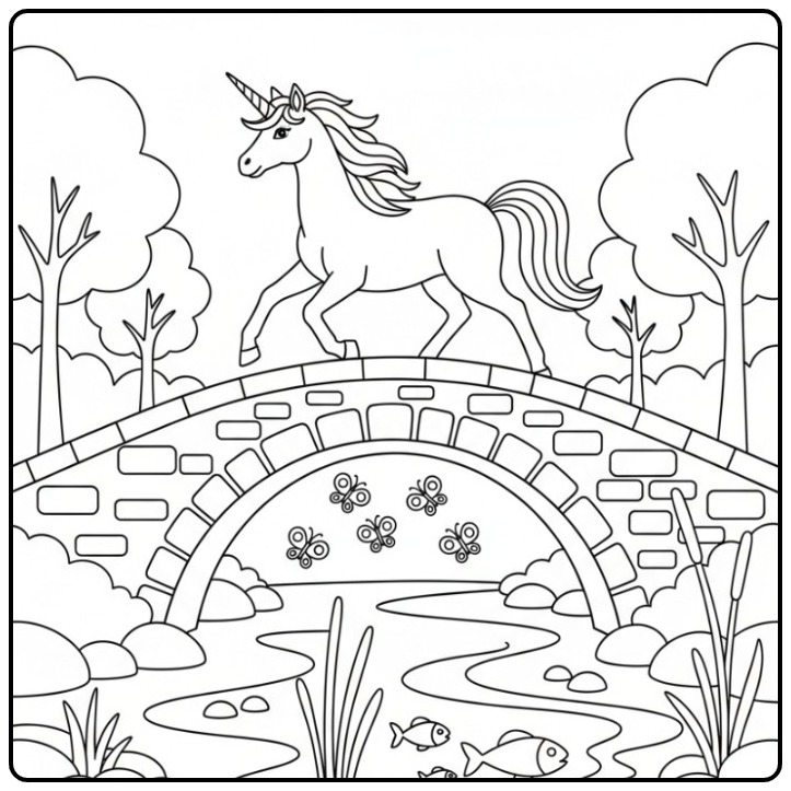 Mooie vlinders kleurplaat unicorn op een brug over water.