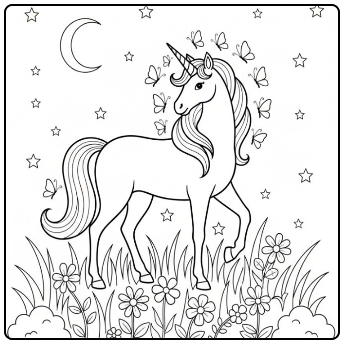 Een mooie vlinders kleurplaat unicorn tussen bloemen en sterren.
