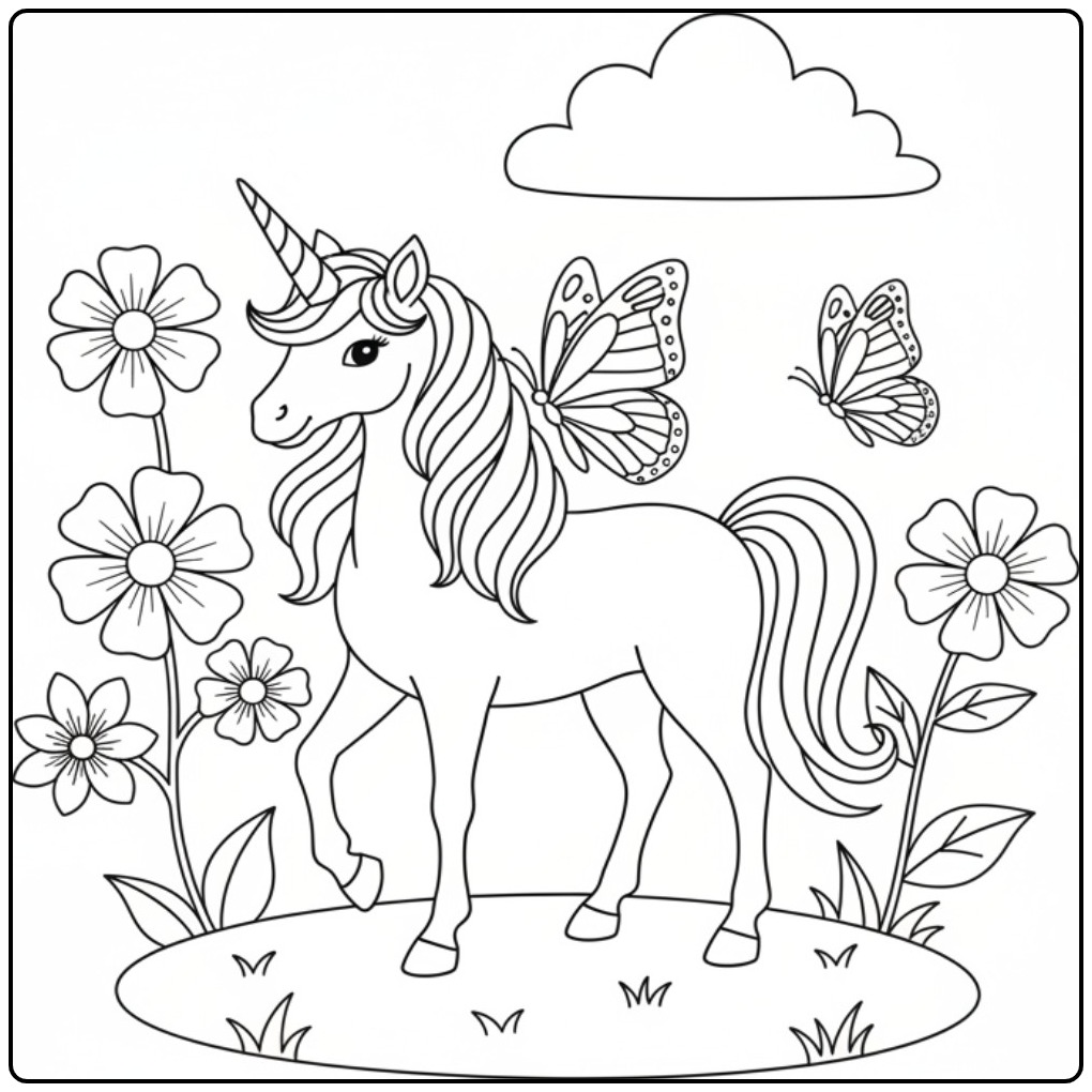 Betoverende vlinders kleurplaat unicorn tussen bloemen.