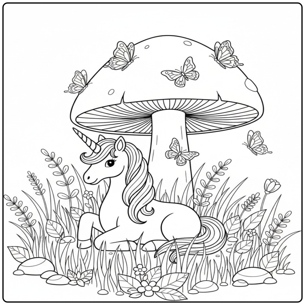 Mooie vlinders kleurplaat unicorn met vlinders en grote paddenstoel.