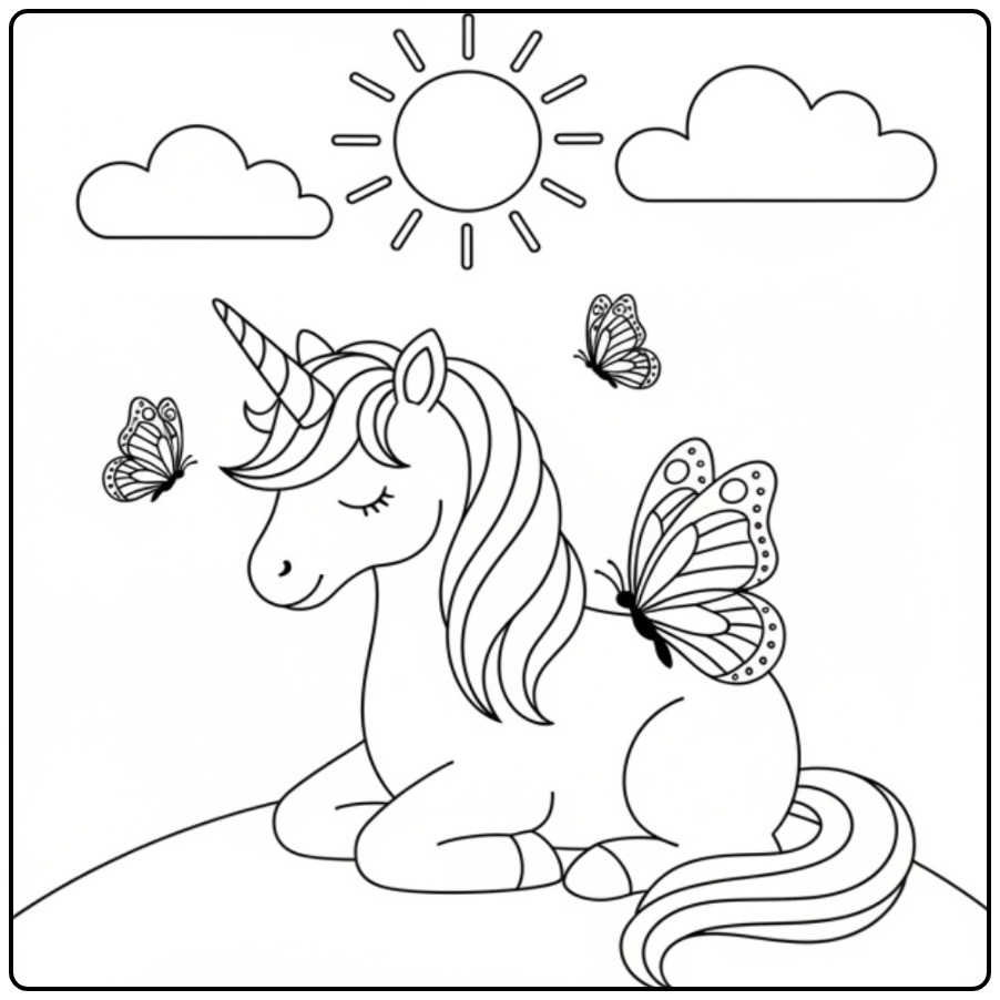 Een rustende vlinders kleurplaat unicorn, met vliegende vlinders en zon.