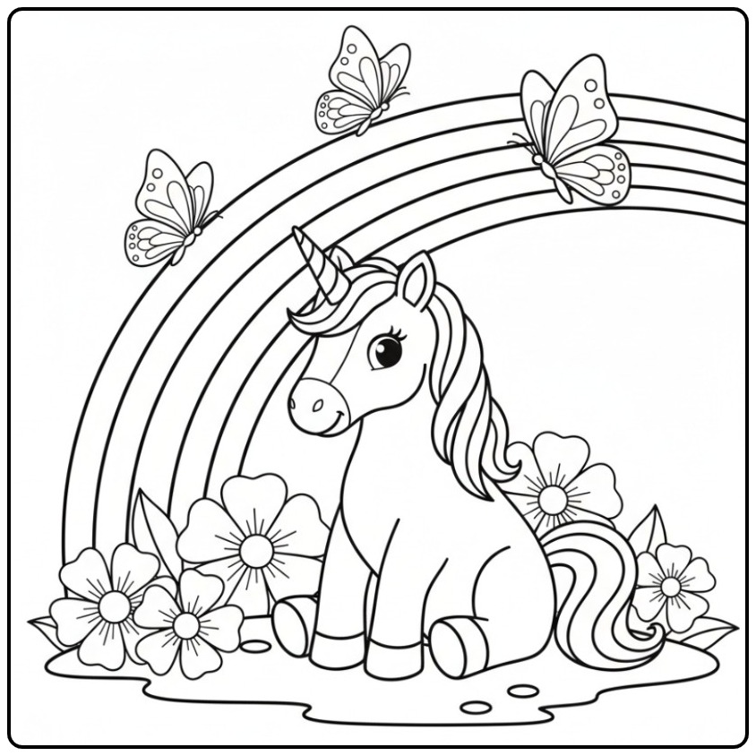 Leuke vlinders kleurplaat unicorn met regenboog en bloemen.