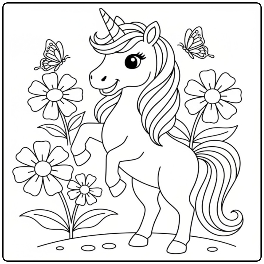 Schattige vlinders kleurplaat unicorn danst tussen bloemen.