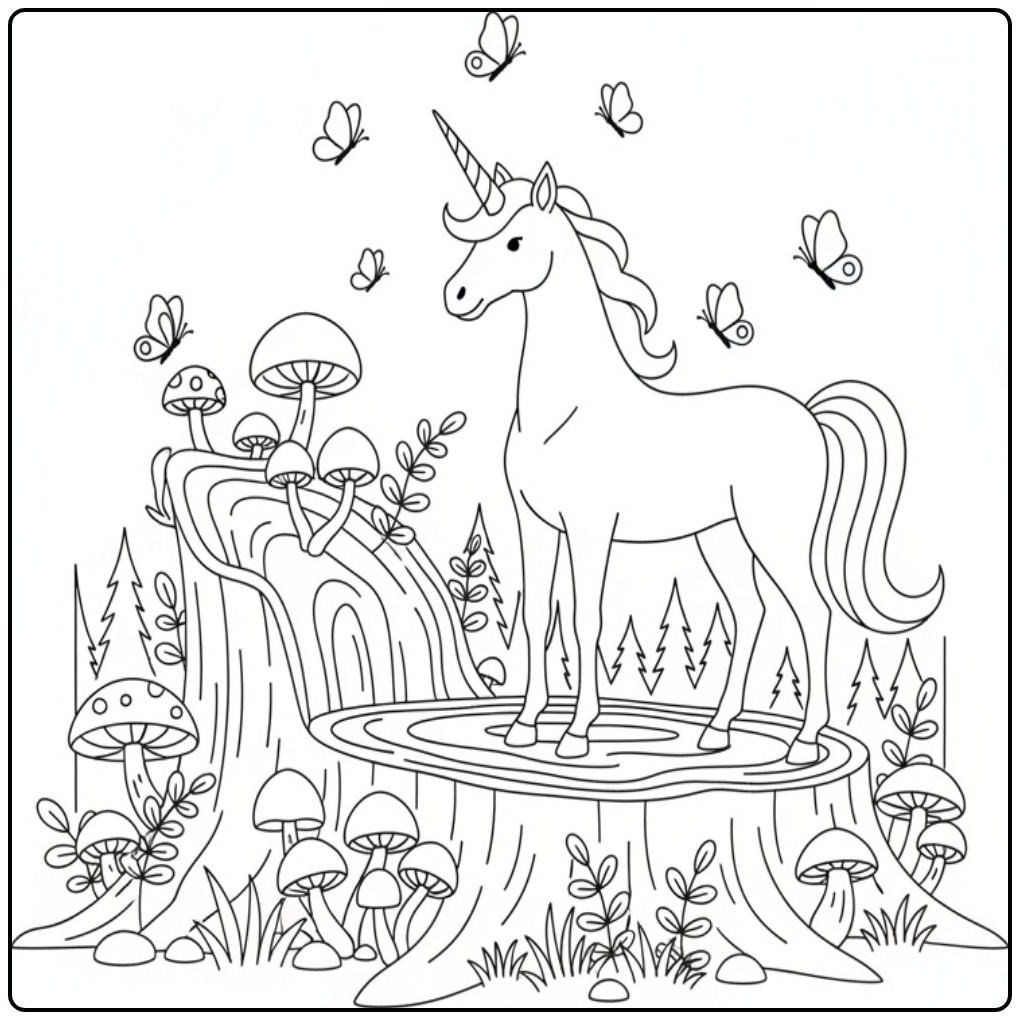 Betoverende vlinders kleurplaat unicorn op boomstronk in bos.