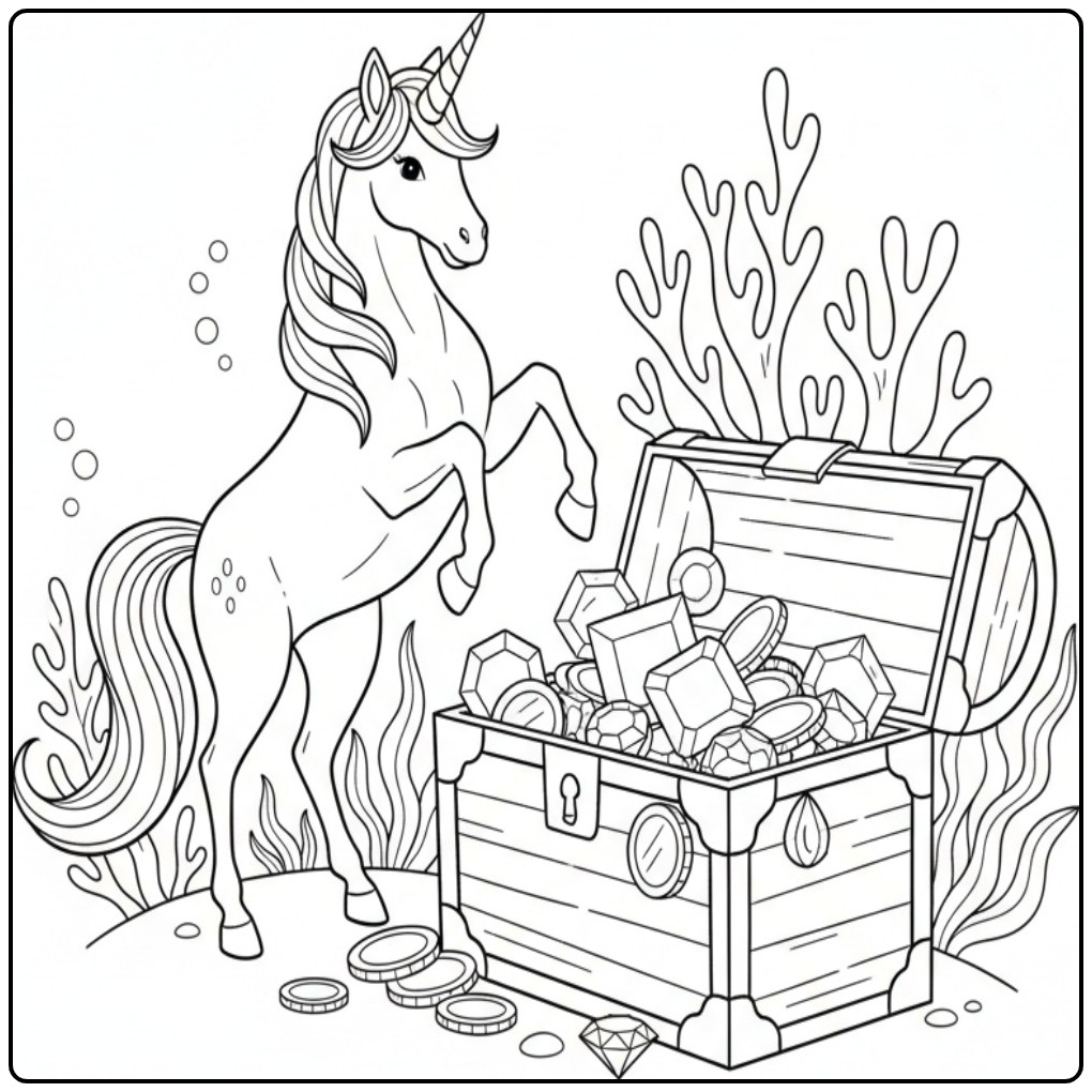 Een steigerende unicorn kleurplaat makkelijk bij een schatkist.