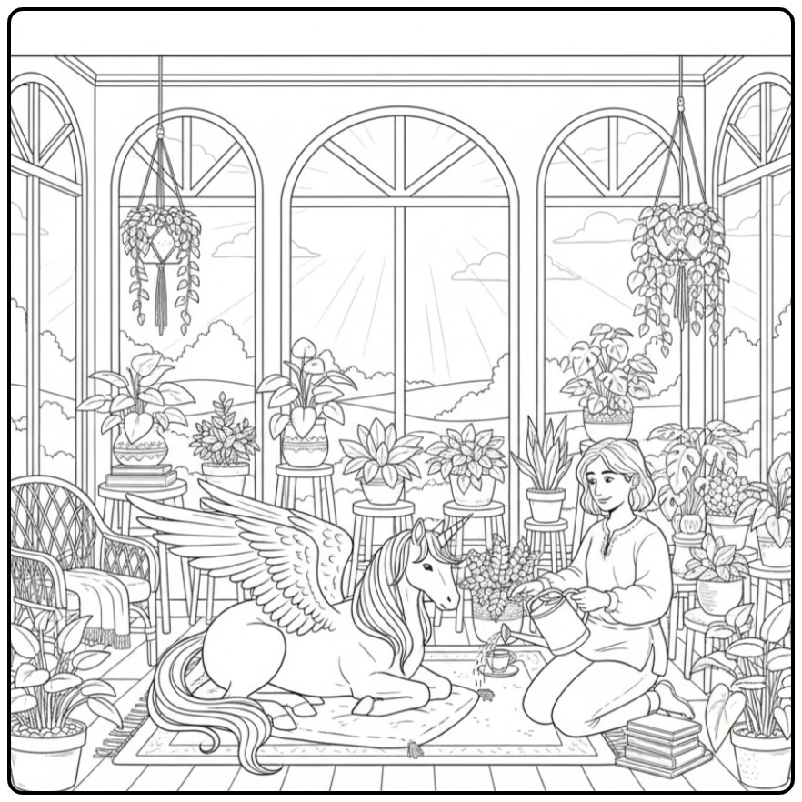 Vrouw in serre met planten en een kleurplaat eenhoorn met vleugels.