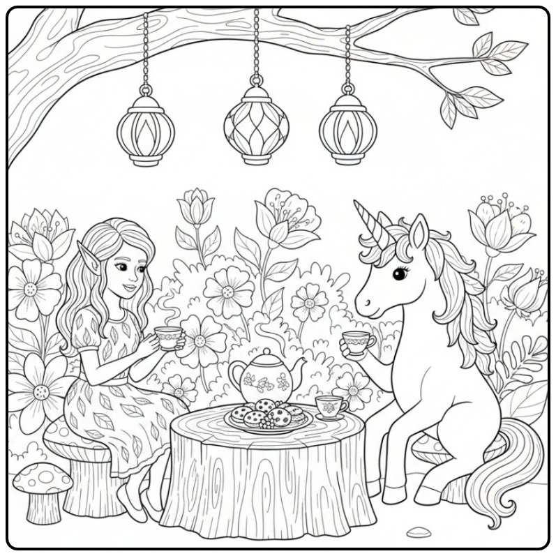 Gezellige theetijd kleurplaat elfje en eenhoorn in het bos.