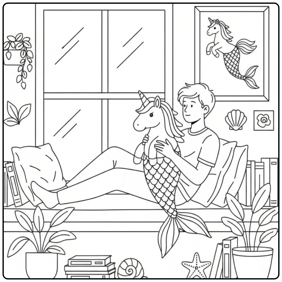Leuke kleurplaat unicorn zeemeermin van een jongen op de vensterbank.