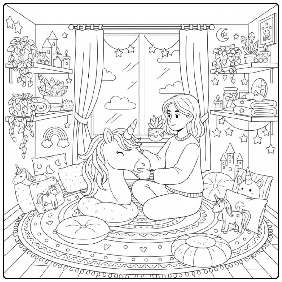 Een meisje aait haar knuffel op deze kleurplaat eenhoorn hoofd.